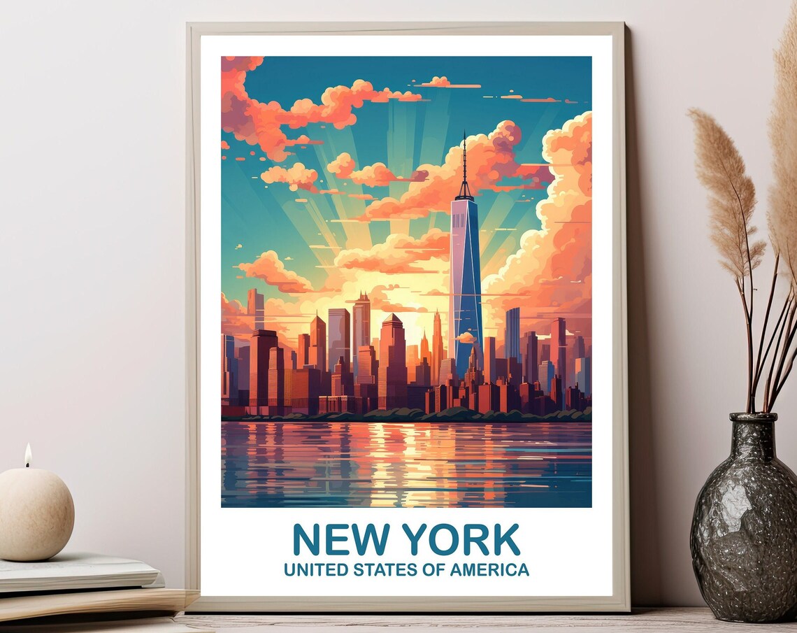 New York Manhattan Skyline Sunset One World Trade Center Travel Poster