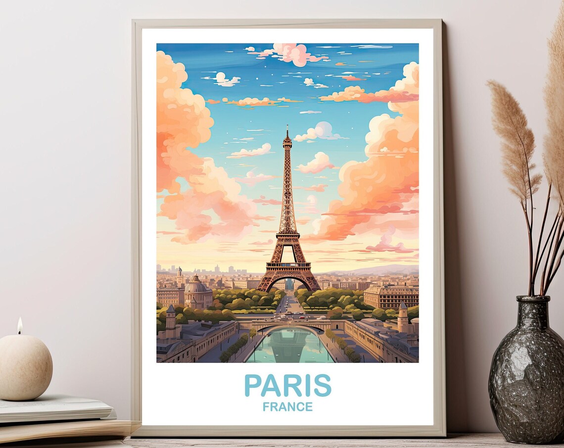 Paris France Travel Poster Eiffel Tower Sunset City Skyline Wall Decor