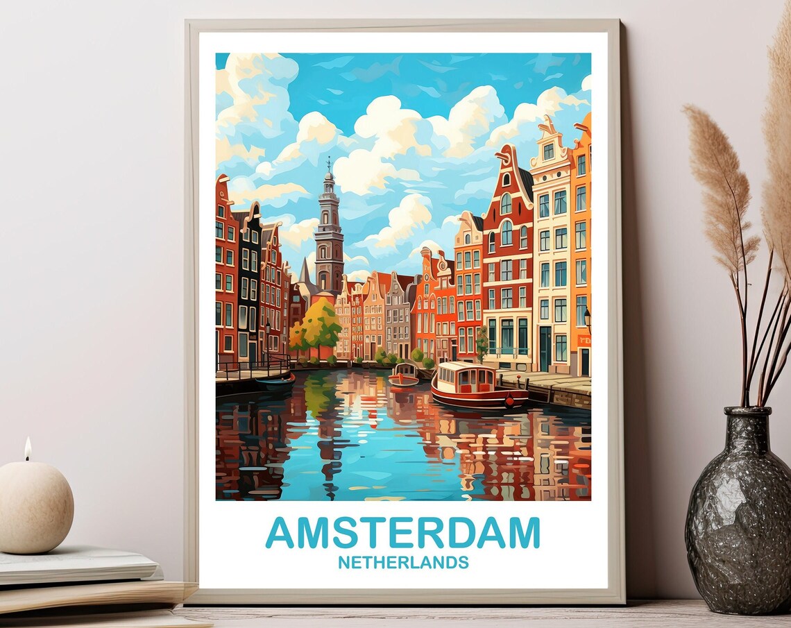 Amsterdam Netherlands Canal Houses and Boats Bright Travel Poster