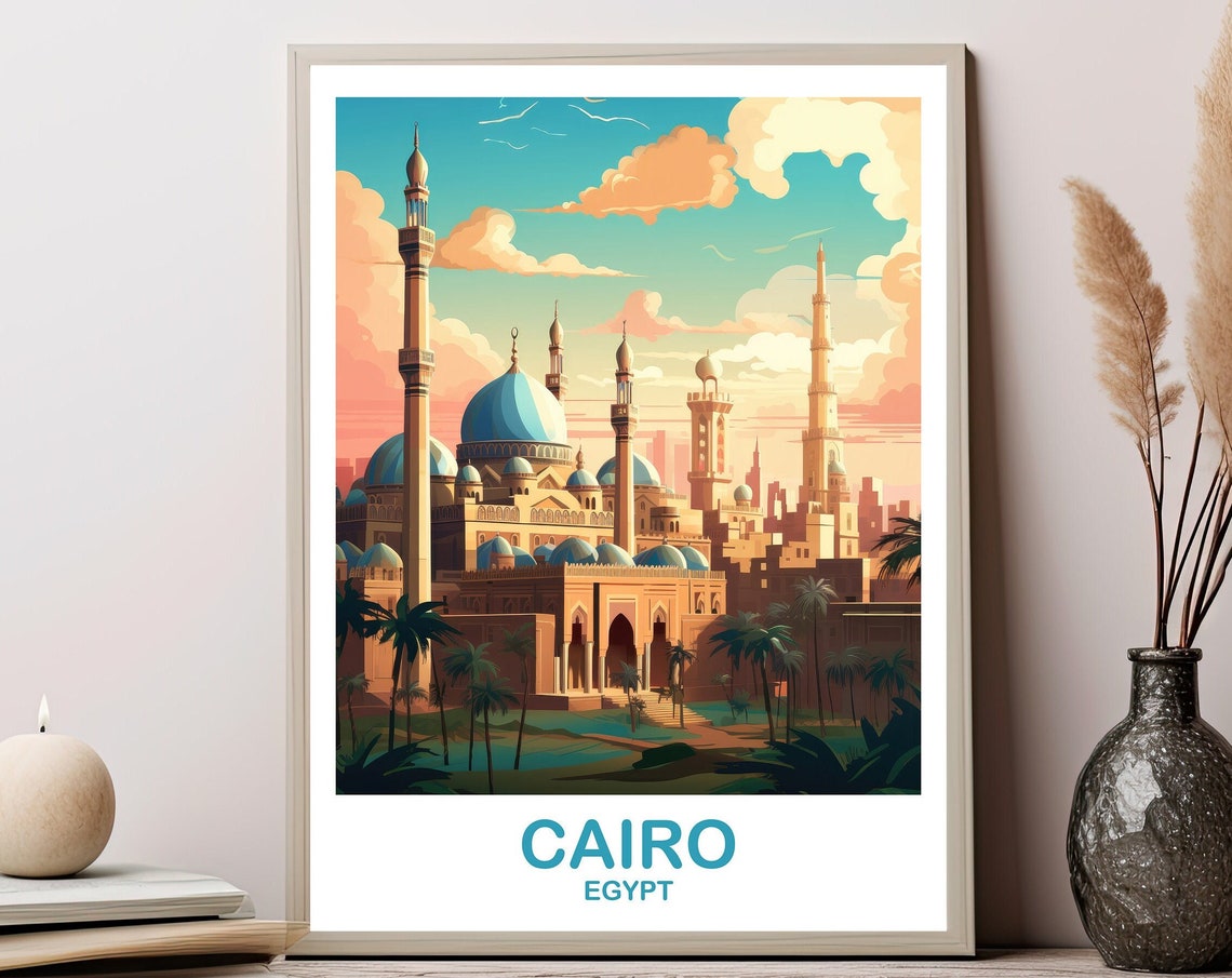 Cairo Egypt Sunset Mosque Domes and Minarets Travel Art Poster