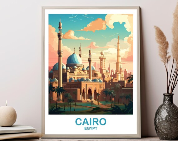 Cairo Egypt Sunset Mosque Domes and Minarets Travel Art Poster