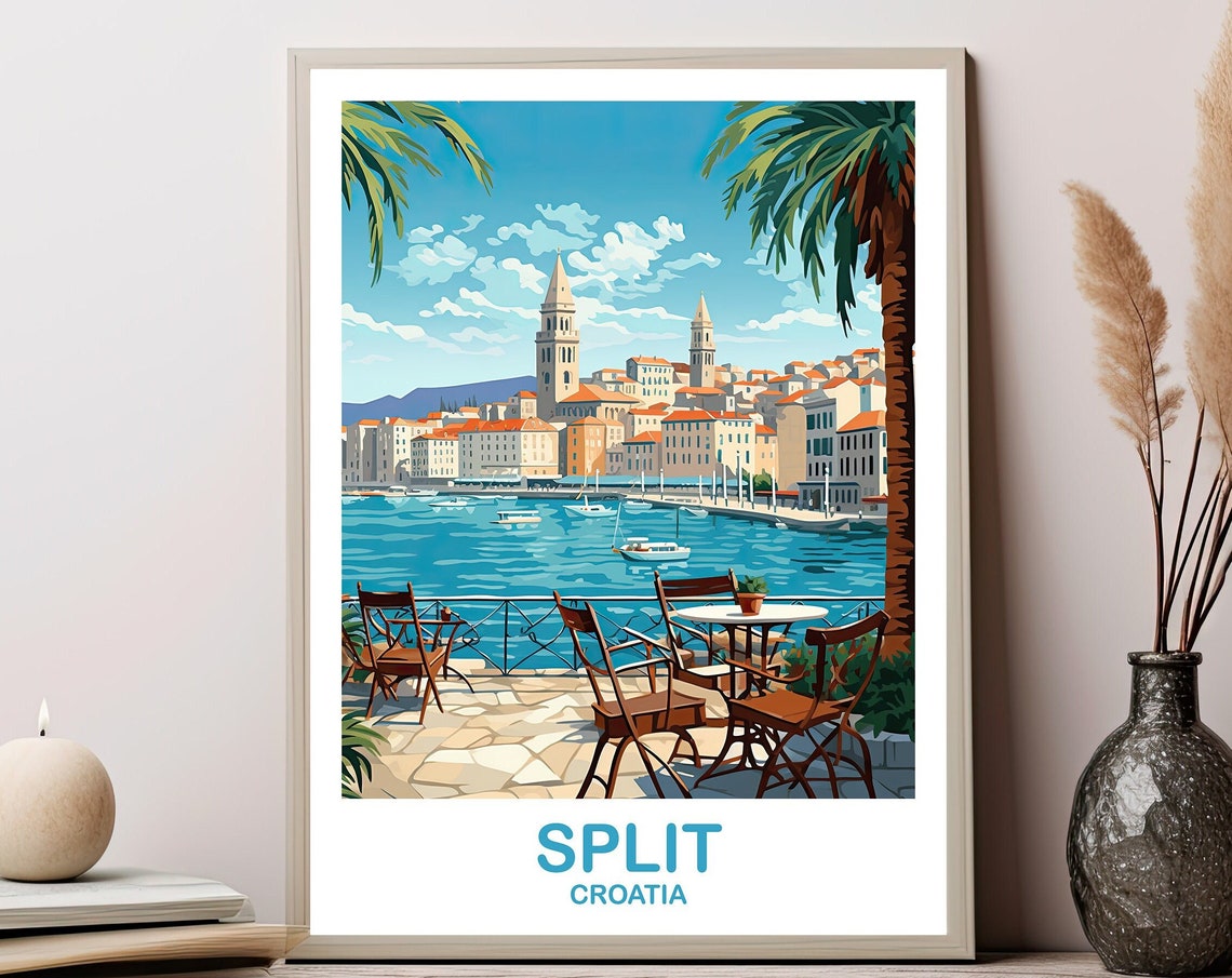Split Croatia Harbor Old Town Seaside Cafe Vintage Travel Poster
