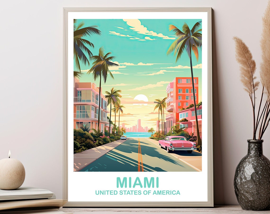 Miami Ocean Drive Retro Street Pink Classic Car Travel Art Poster