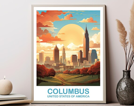 Columbus Ohio Sunset Skyline Red Trees Retro Travel Art Poster