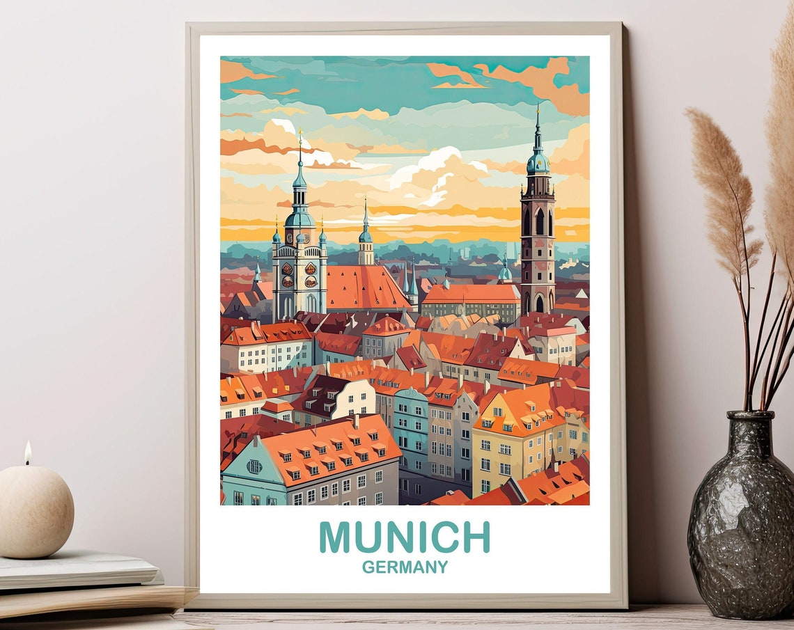Munich Germany Old Town Rooftops Sunset Bavaria Travel Poster