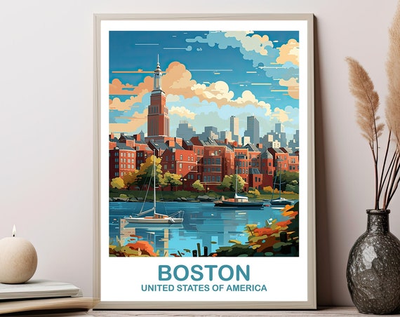 Boston Massachusetts Travel Poster, City Skyline