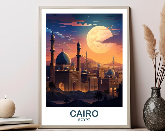 Cairo Egypt Moonlit Mosque Skyline with Giant Moon Travel Poster