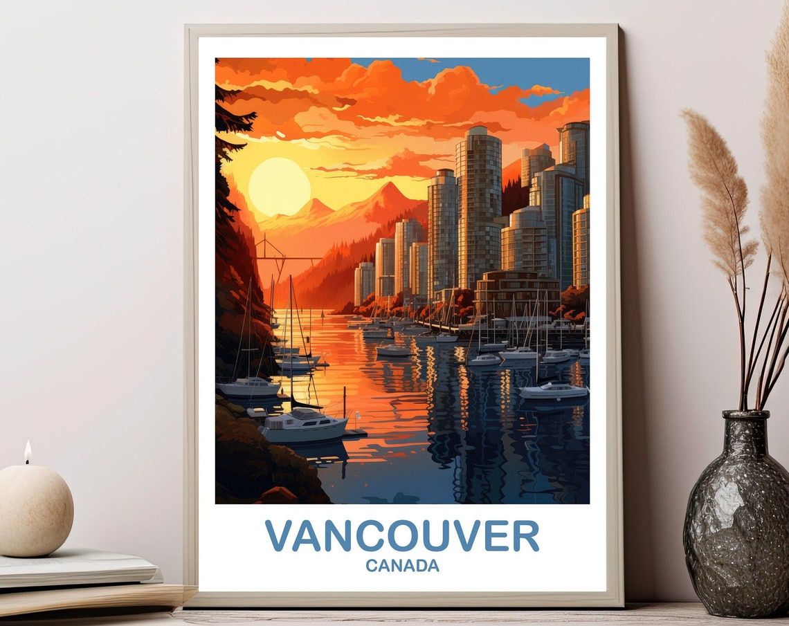 Vancouver Canada Sunset Harbor Skyline Waterfront Travel Poster Art
