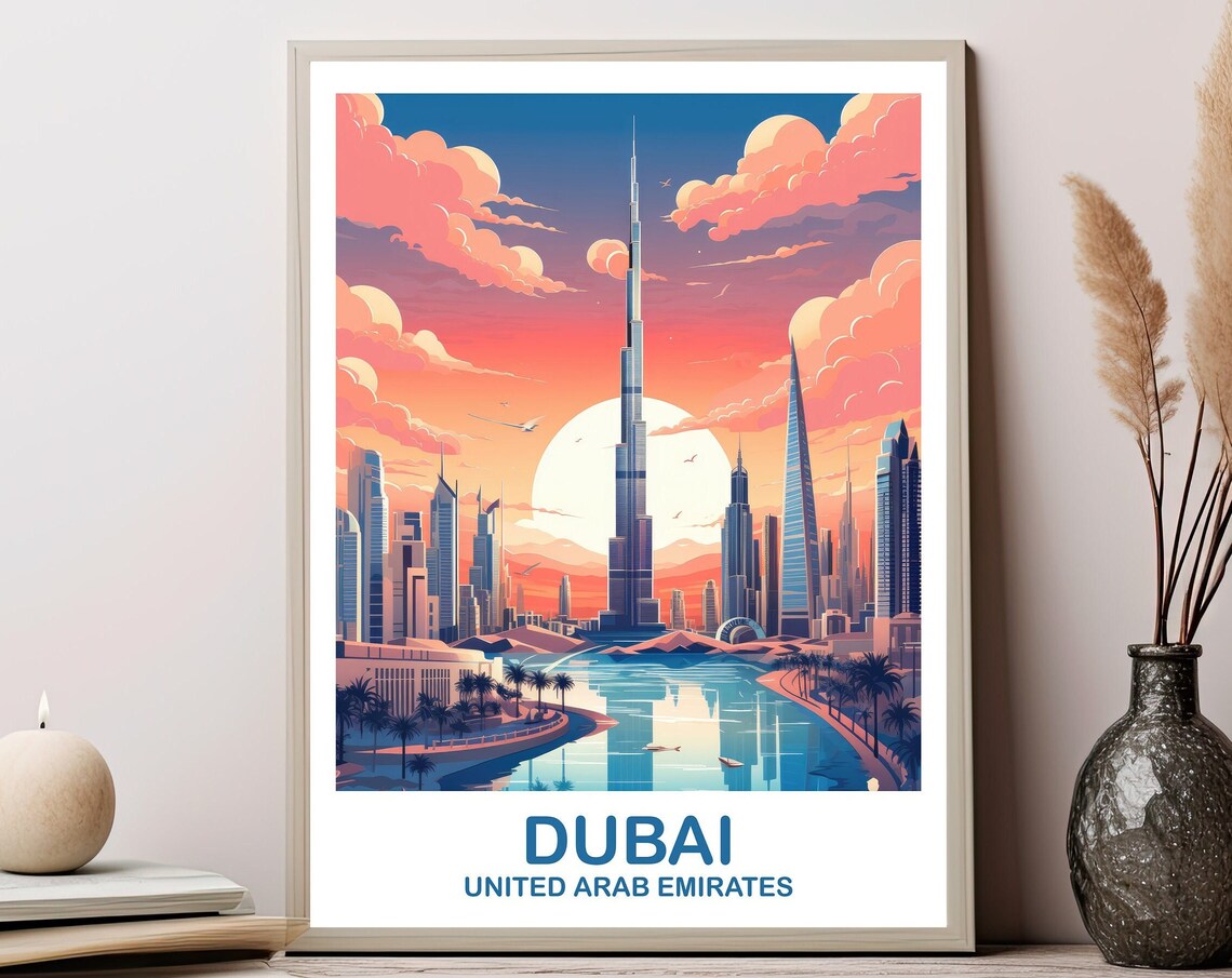 Dubai Skyline Sunset Burj Khalifa UAE Modern City Travel Poster