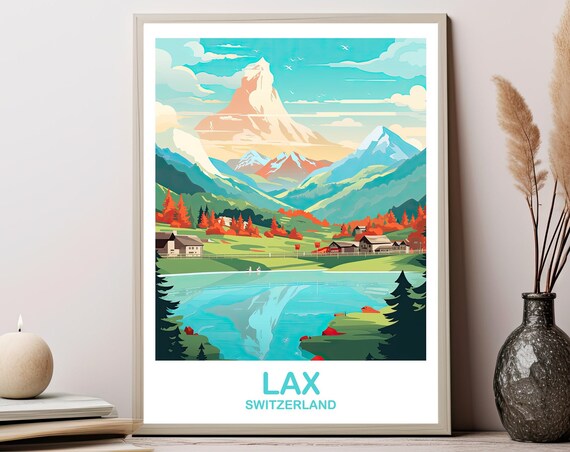Lax Switzerland Travel Poster Wall Art City Skyline Sunset T2euswla1