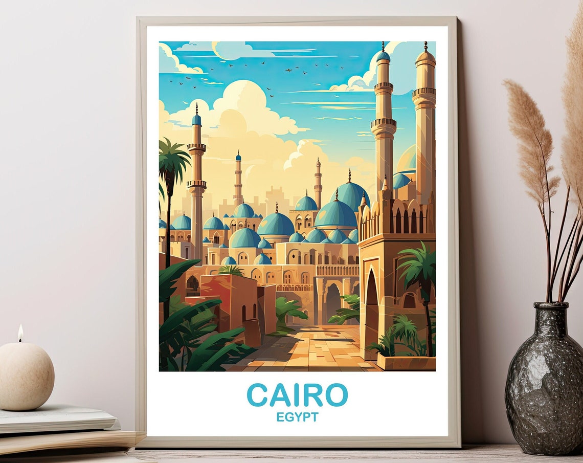 Cairo Egypt Blue Domed Mosques Minarets Palm Vintage Travel Poster