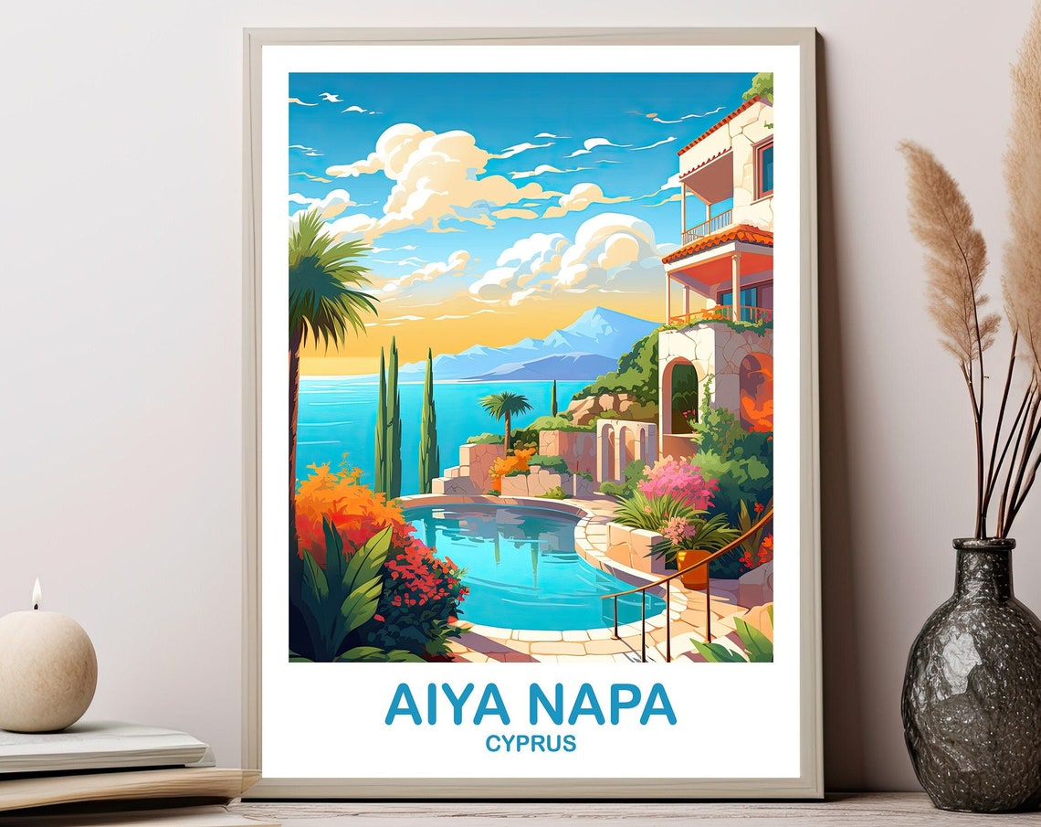 Aiya Napa Cyprus Seaside Villa and Pool Retro Travel Art Poster