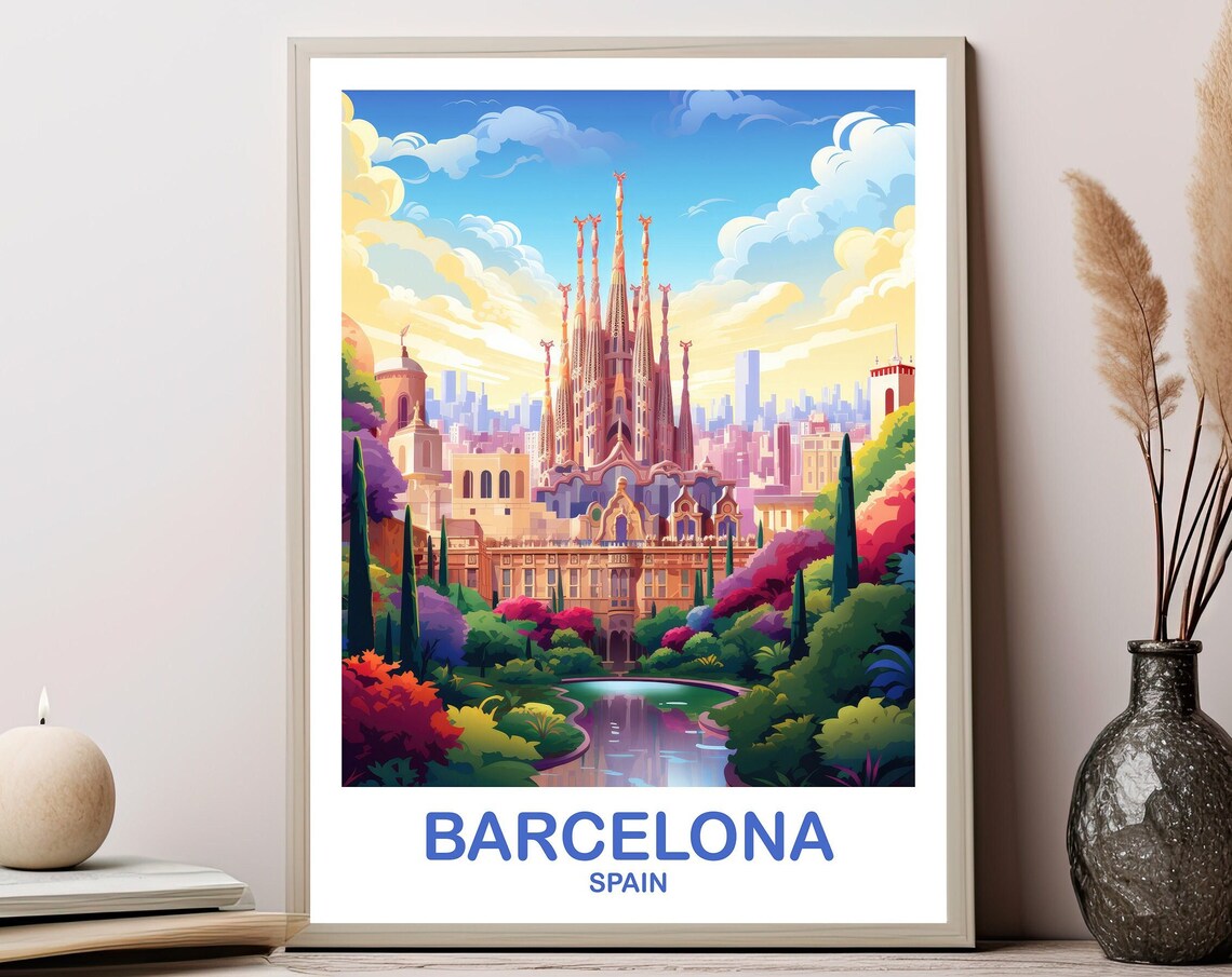 Barcelona Spain Sagrada Familia Garden View Colorful Travel Poster