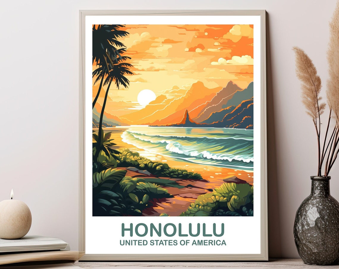 Honolulu Travel Wall Art Hawaii Travel Wall Art Honolulu Wall Art Poster City Skyline Wall Art Usa Travel Wall Art T2nahaho2