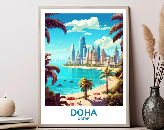 Doha Qatar Beachfront Skyline Tropical Vintage Travel Art Poster