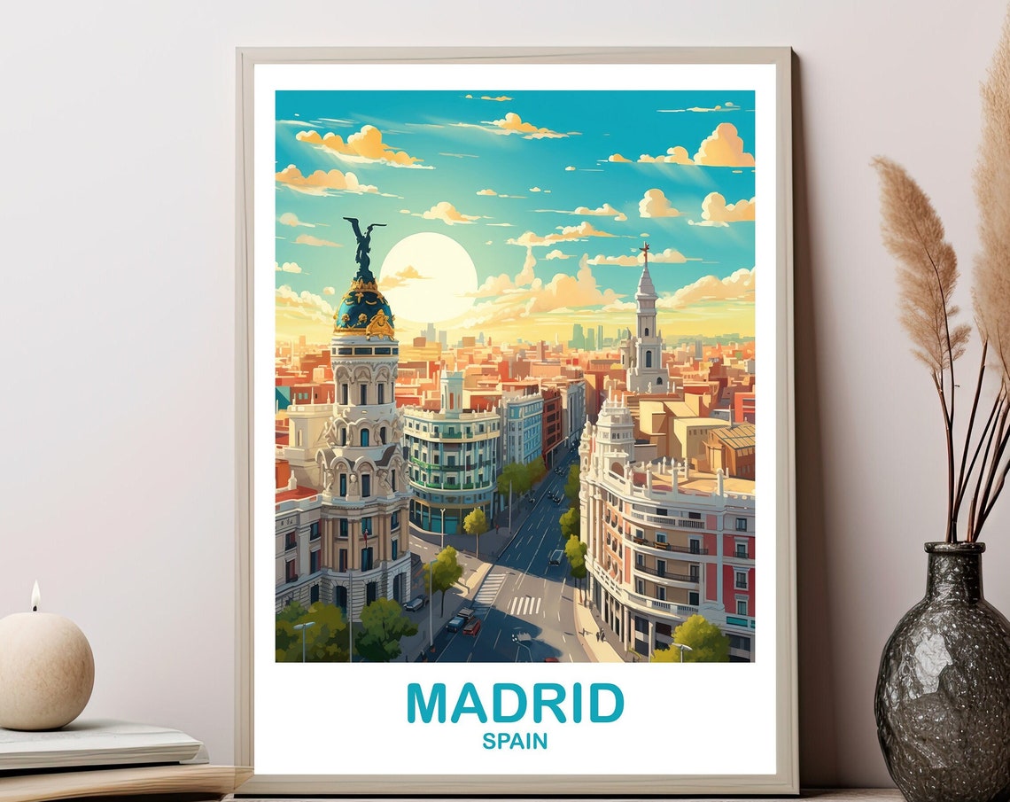 Madrid Spain Gran Via Metropolis Building Sunny Avenue Poster
