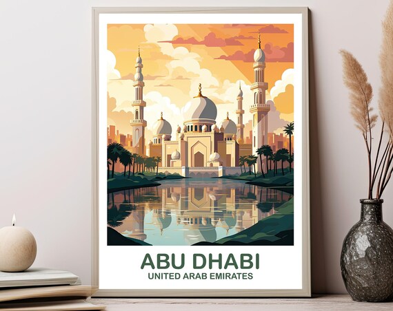 Abu Dhabi Grand Mosque Sunset United Arab Emirates Travel Poster