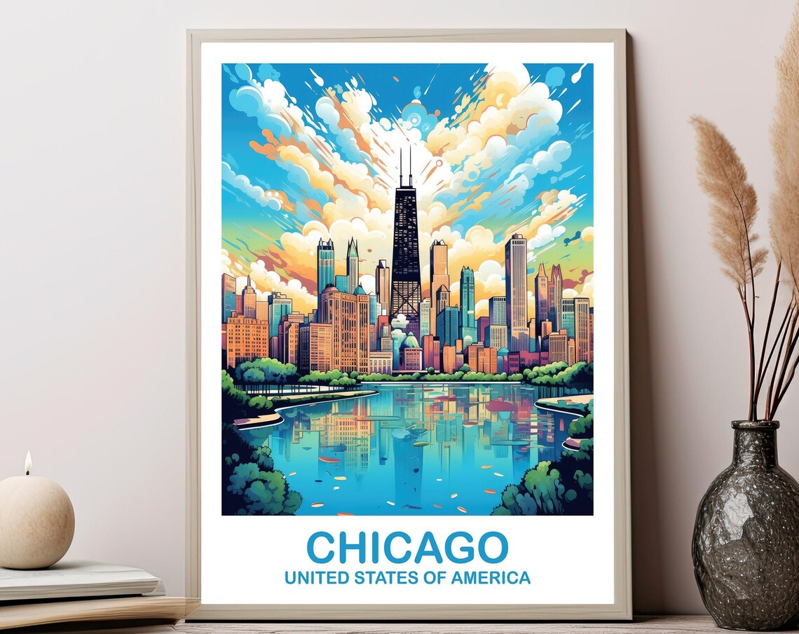 Chicago Illinois Skyline Lakefront Sunset Colorful Clouds Travel Poster