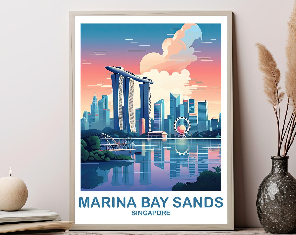 Marina Bay Sands Singapore Sunset Retro Vintage Travel Poster