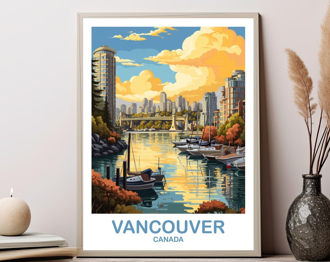 Vancouver Canada Harbor Sunset Marina Skyline Travel Wall Poster