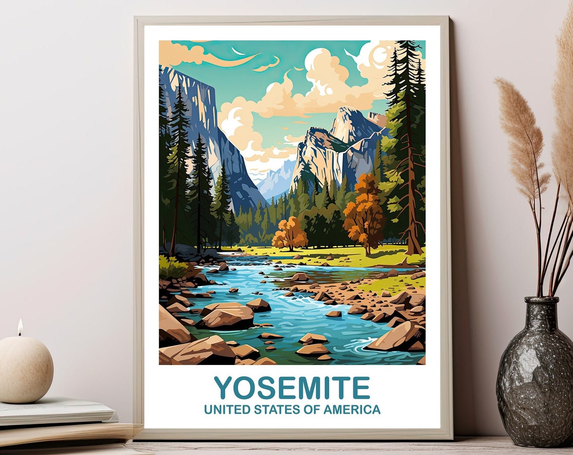Yosemite Granite Cliffs Pine Forest Retro Travel Style Poster