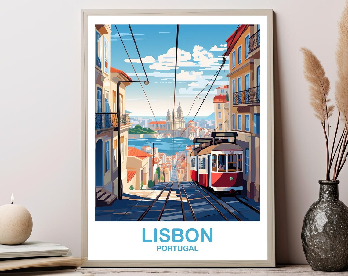 Lisbon Travel Poster, Europe City Skyline