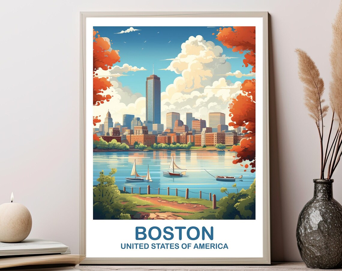 Boston Massachusetts Travel Poster, City Skyline