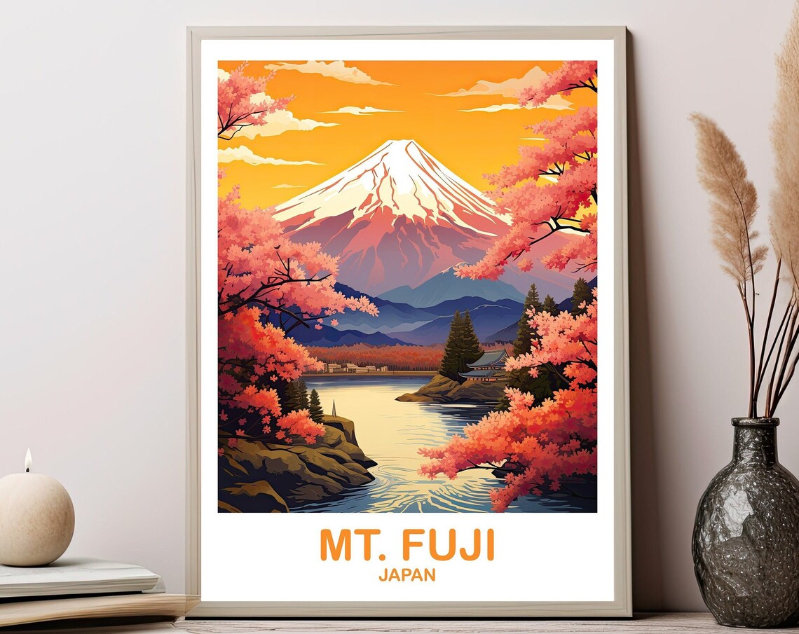 Mount Fuji Cherry Blossom Sunset Japan Vintage Travel Poster