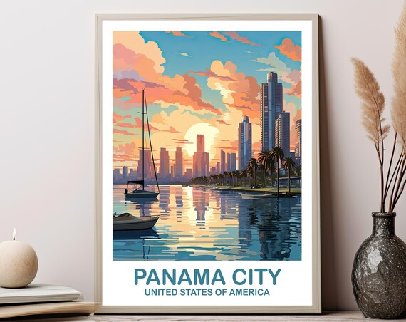 Panama City Sunset Skyline Sailboat Retro Travel Style Poster