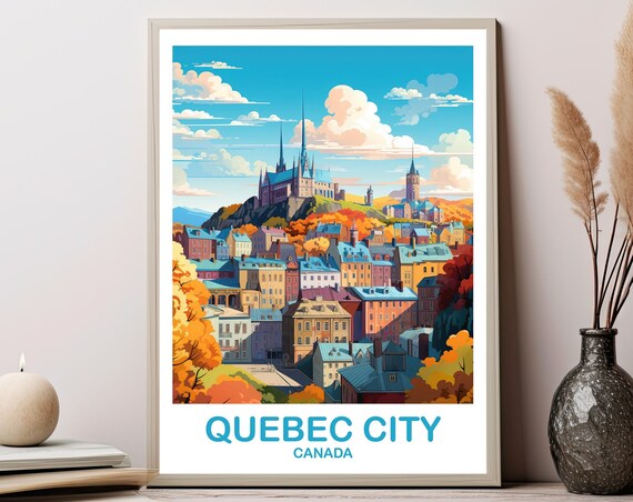 Quebec City Old Town Autumn Hillside Retro Travel Style Poster