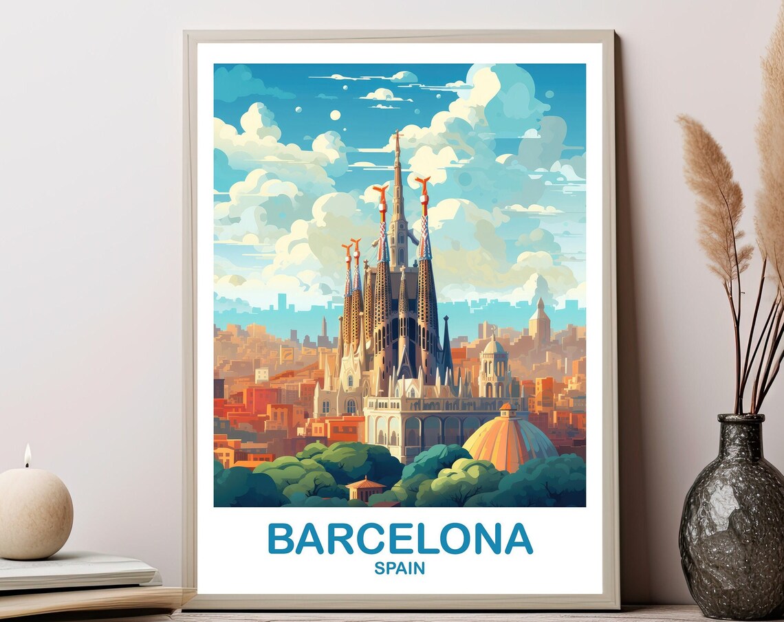 Barcelona Spain Sagrada Familia Landmark Colorful Travel Poster