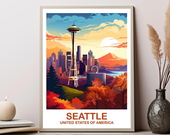 Seattle Travel Print Wall Art Seatle Skyline Poster City Sunset North America T2nawase1