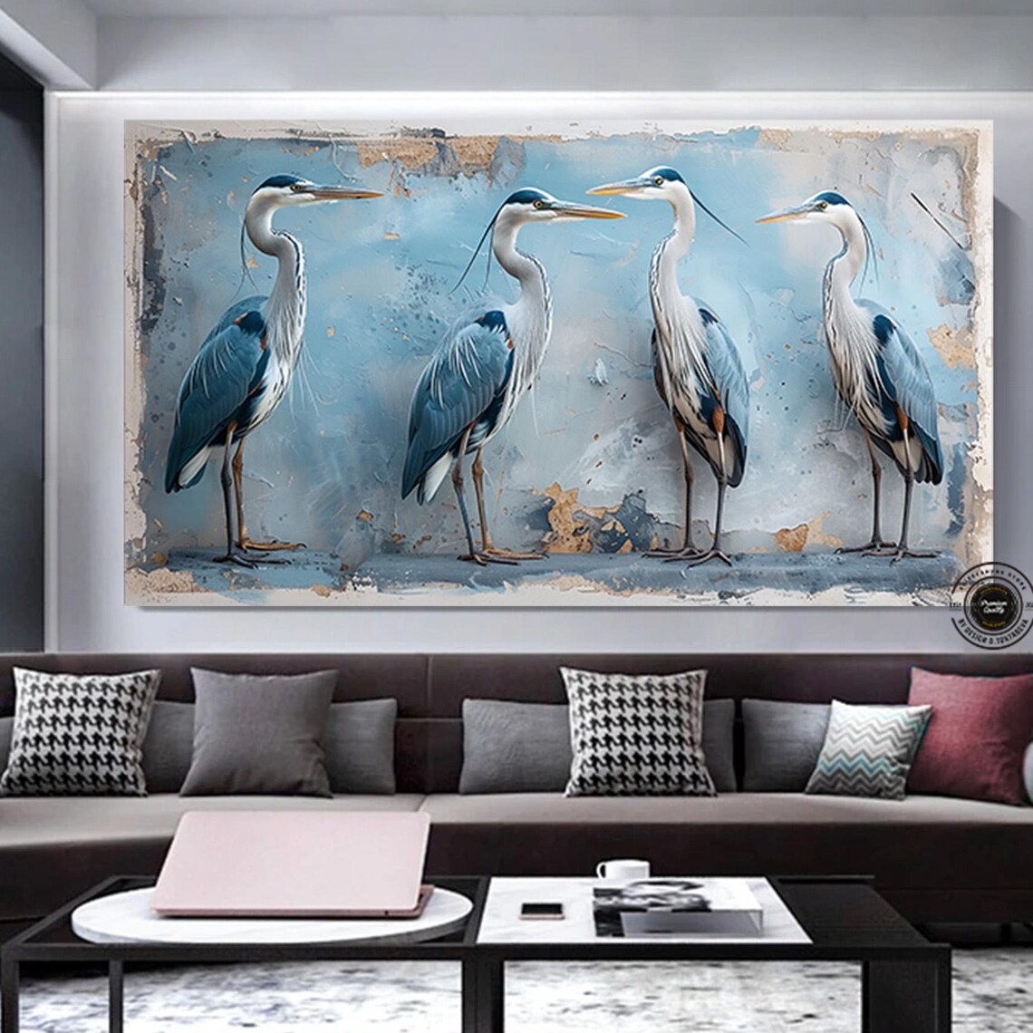 Four Blue Herons Standing Coastal Watercolor Birds Art Poster