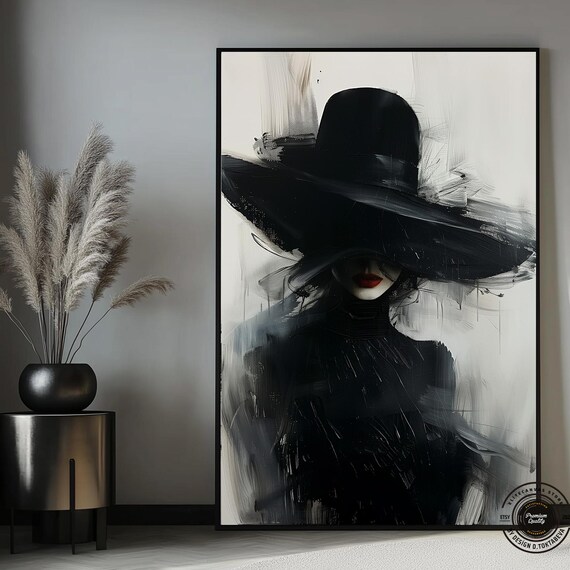 Woman With Black Hat Canvas Painting Fashion Art Wall Decor And White Beauty Gift
