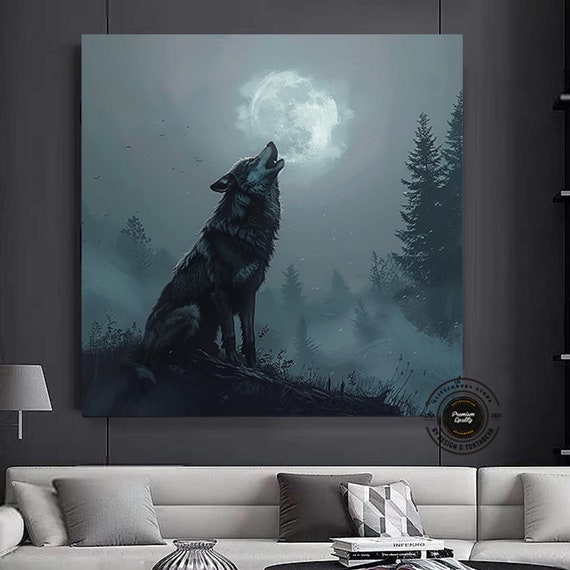 Wolf Canvas Wall Art Print Animal With Moon And Clouds Decor Home Gift Portrait