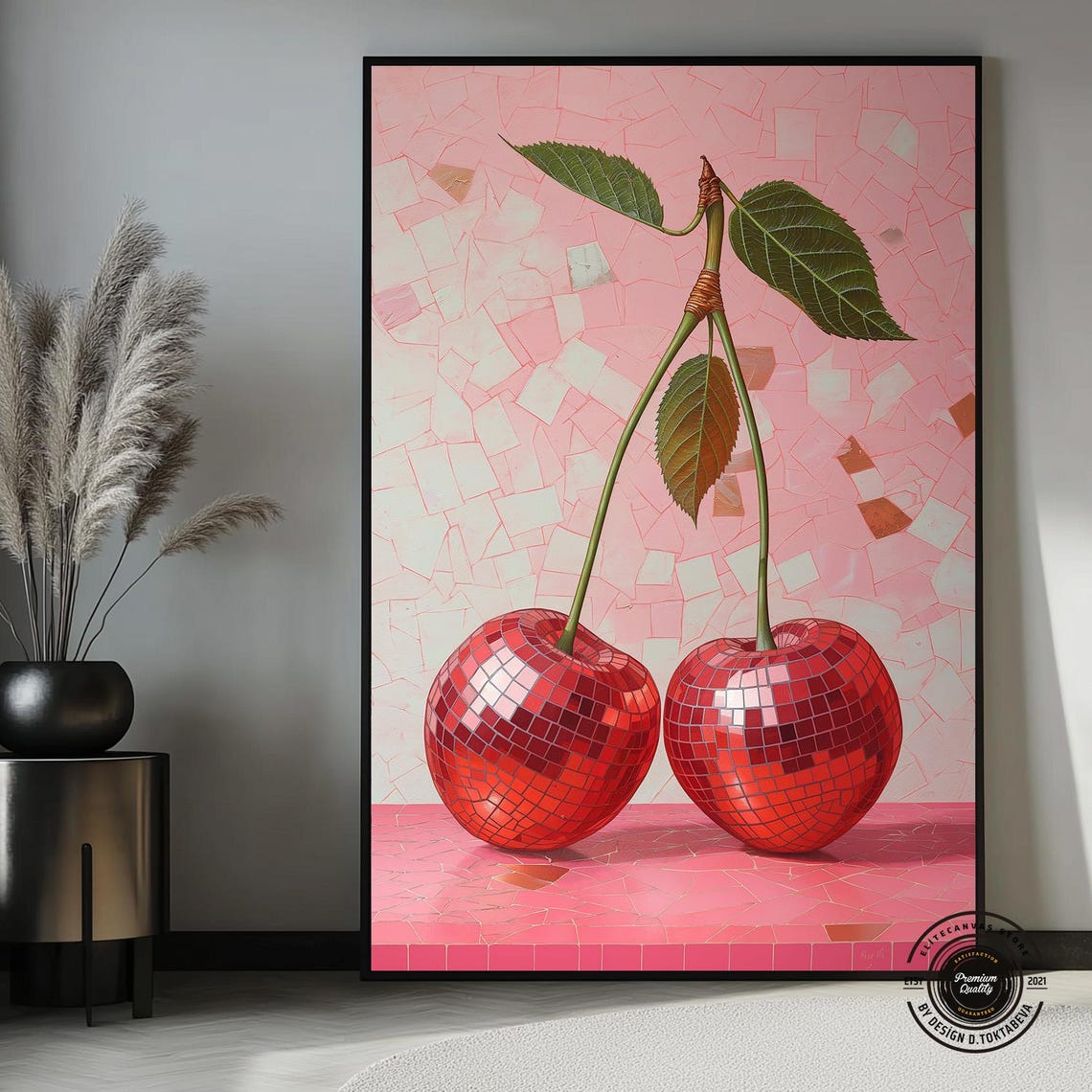 Disco Ball Cherries Mosaic Pink Retro Kitchen Pop Art Poster