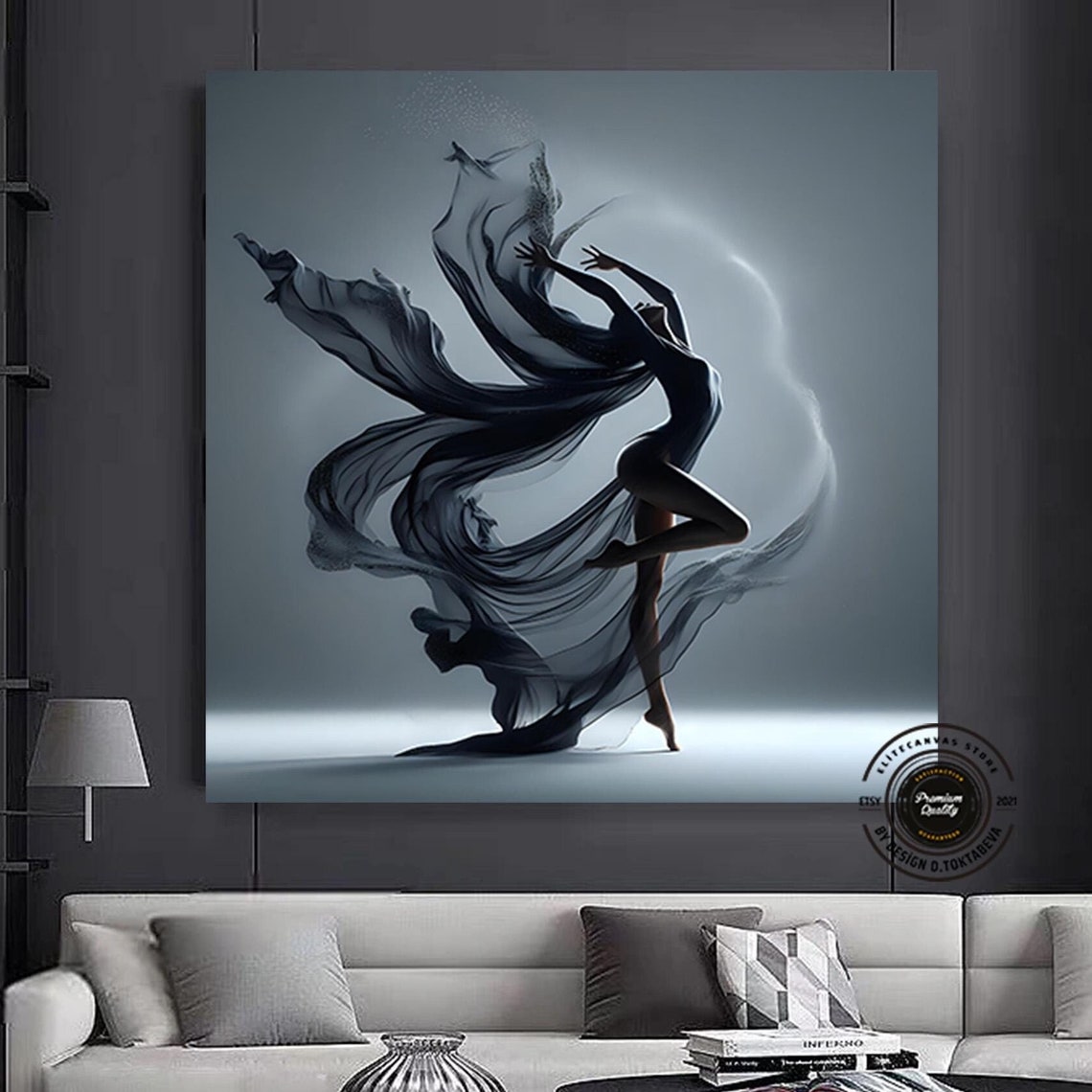 Dancer Flowing Black Fabric Graceful Leap Monochrome Art Poster