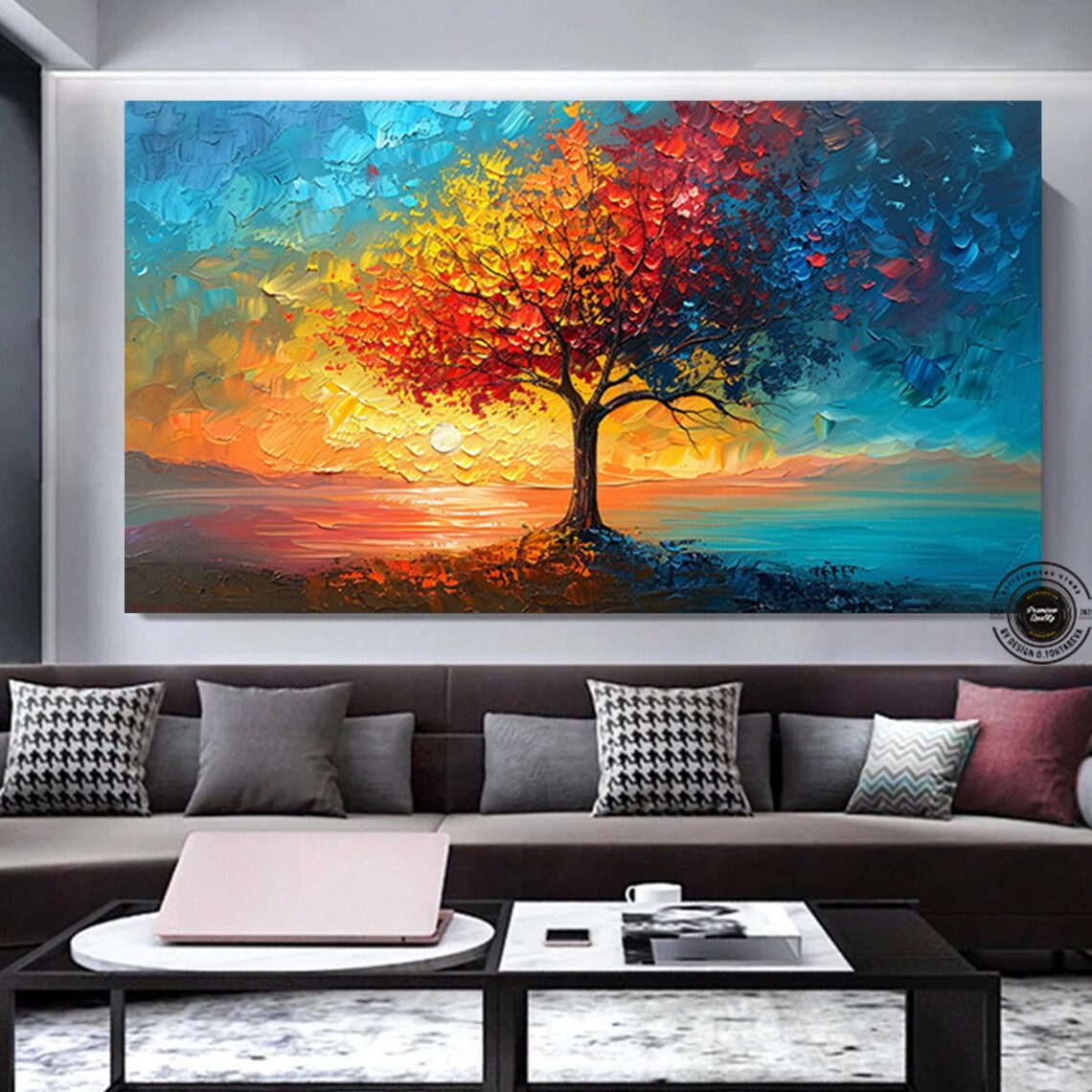 Tree of Life Abstract Impasto Red Gold Leaves Teal Sunset Poster