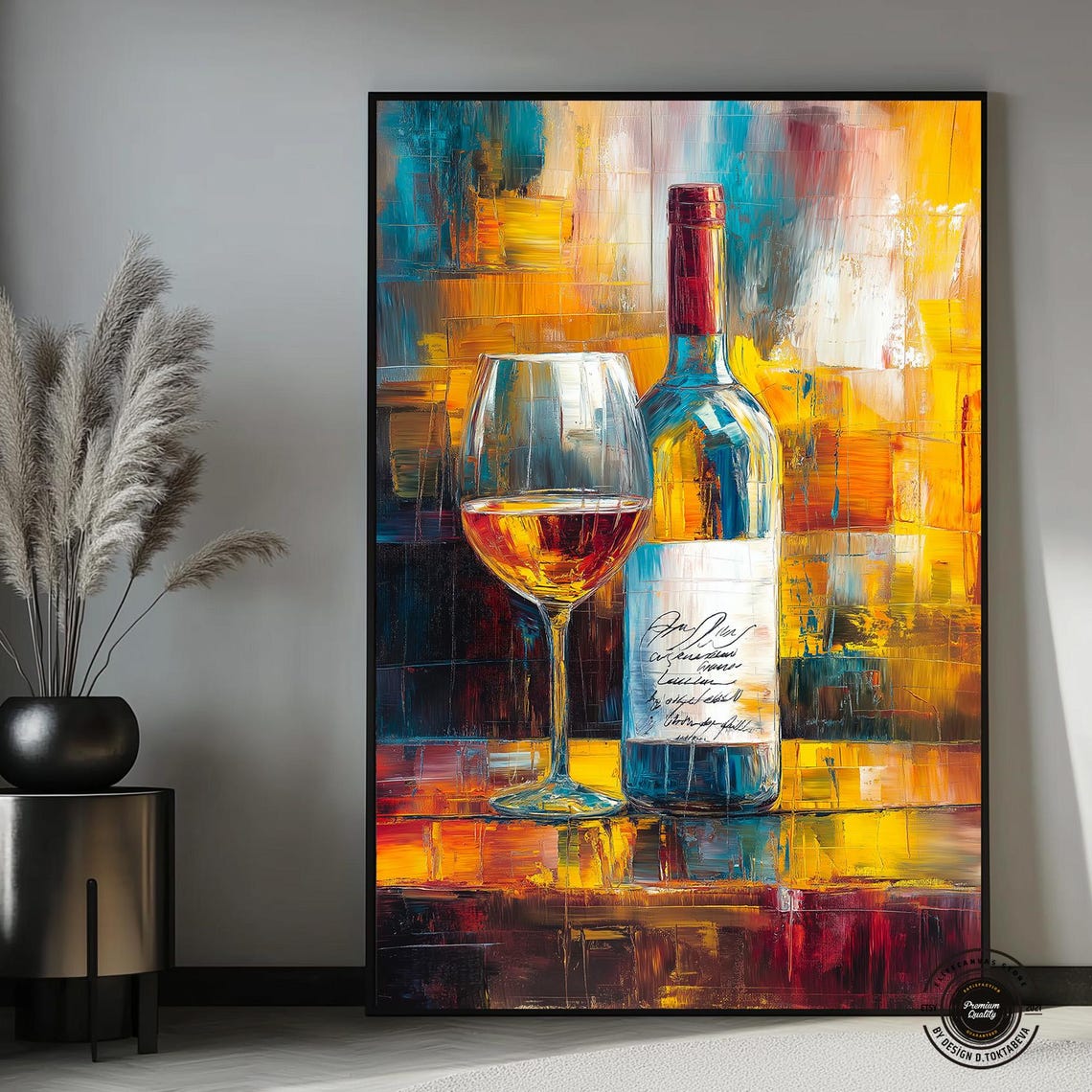 Wine Bottle Glass Still Life Orange Abstract Kitchen Art Poster