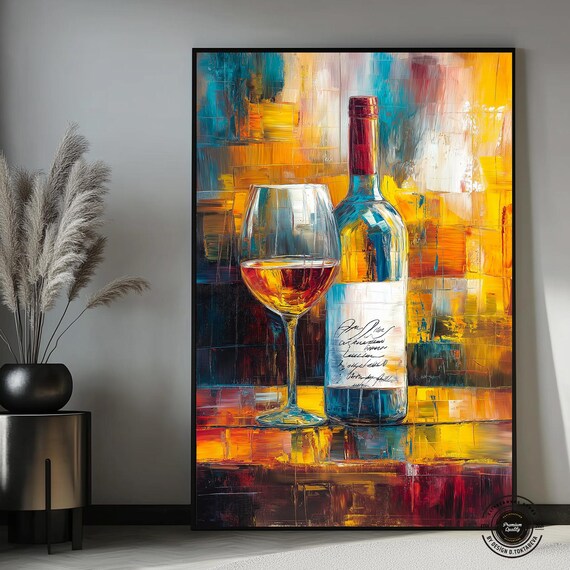 Wine Bottle Glass Still Life Orange Abstract Kitchen Art Poster