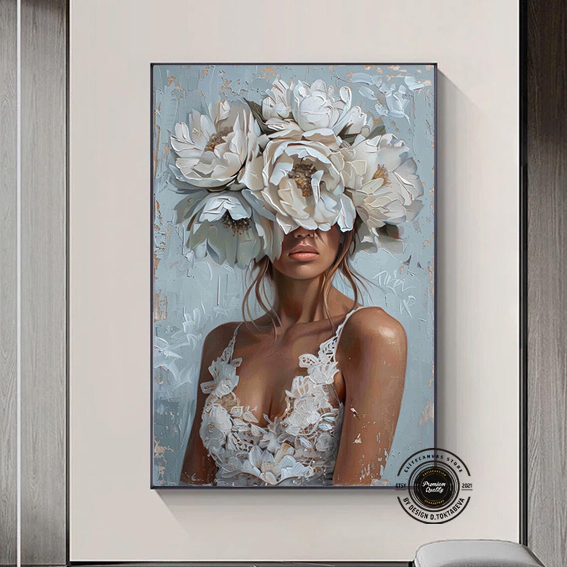 Woman with White Peony Flowers Covering Face Elegant Floral Art Poster