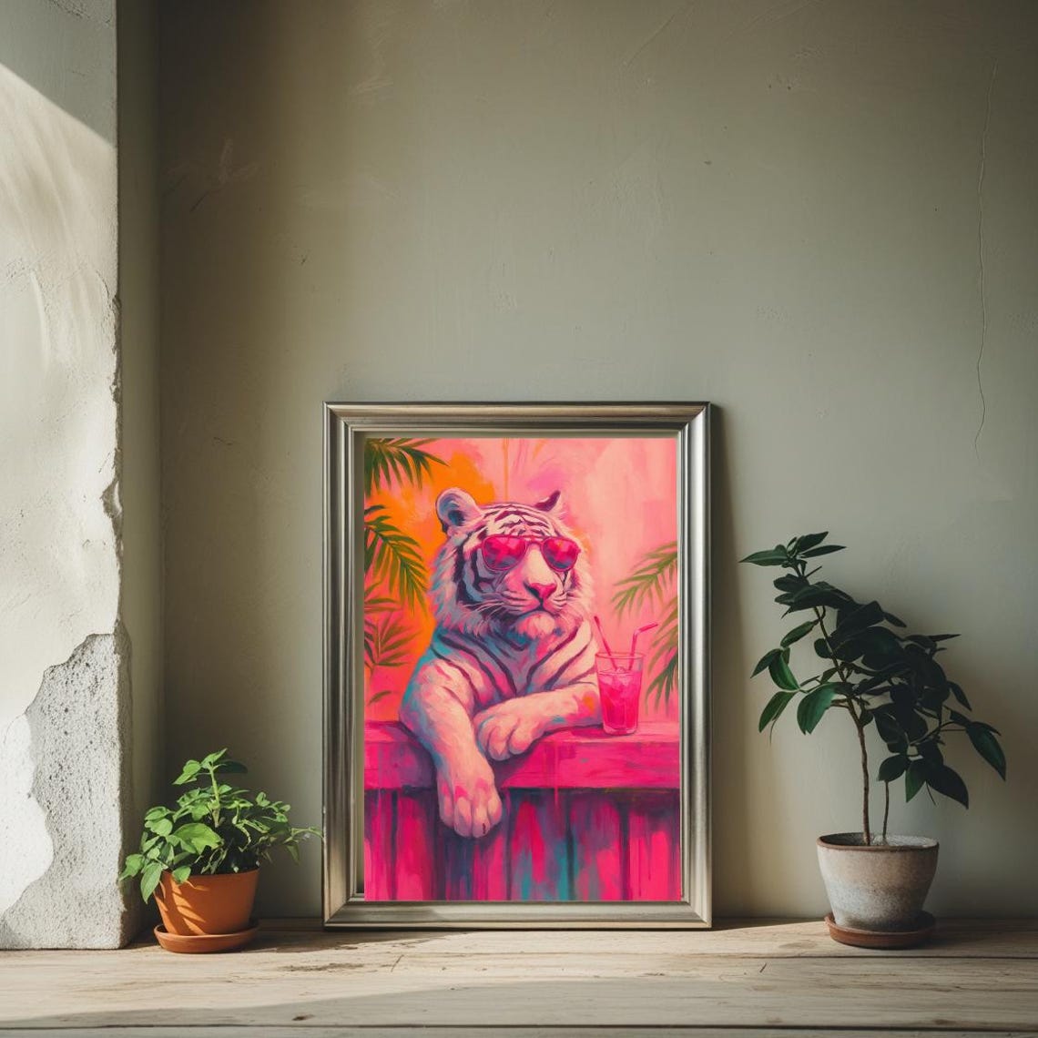 Funny Cool Tropical Tiger Sunglasses Tiki Bar Pink Pop Art Poster