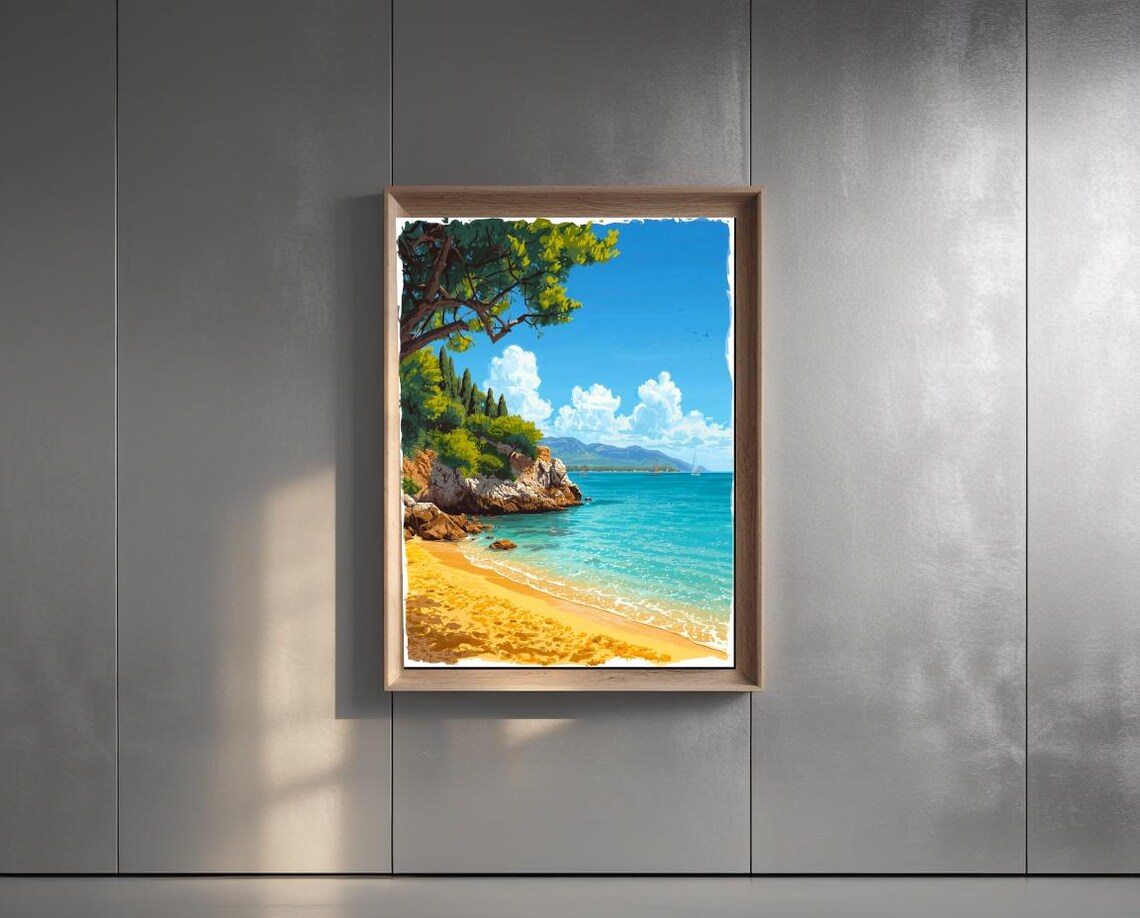 Mediterranean Coastal Cove Rocky Beach Turquoise Sea Scenic Wall Poster