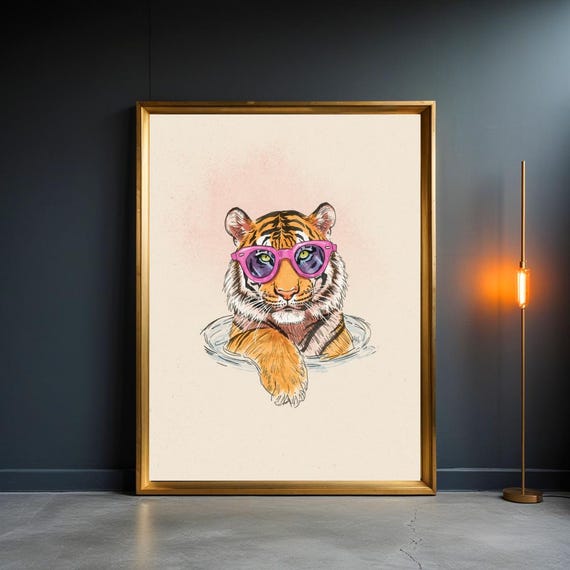 Whimsical Watercolor Tiger Swimming Portrait Wall Art