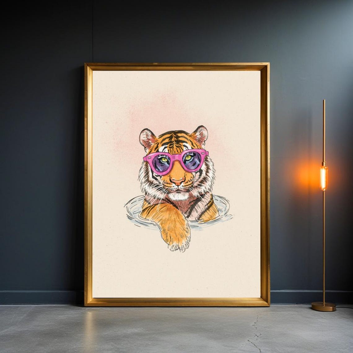 Tiger Wearing Pink Sunglasses Swimming Pool Playful Portrait Poster