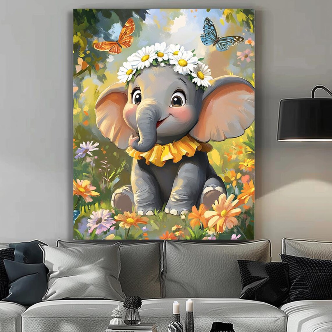 Baby Elephant Daisy Flower Crown Butterfly Garden Nursery Poster - Image 5