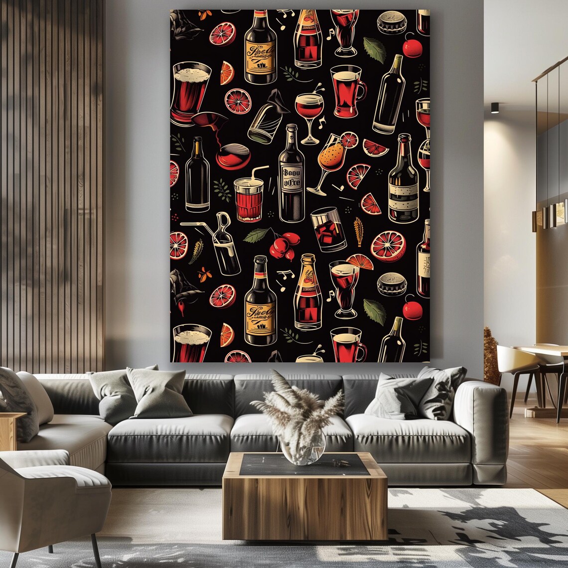 Cocktail Wine and Beer Bottles Pattern on a Black Bar Decor Poster - Image 4