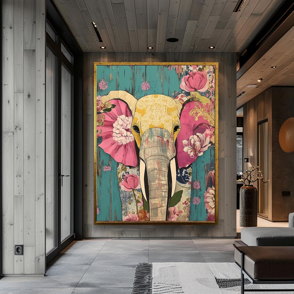 Elephant Head Pink Flowers Teal Bohemian Jungle Style Poster - Image 4
