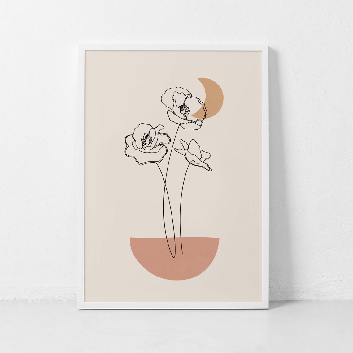 Crescent Moon Flowers Line Art Botanical Terracotta Minimalist Print