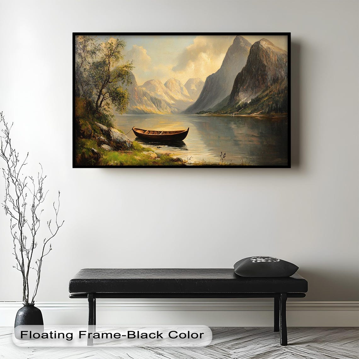 Golden Lake Boat Landscape, Rustic Mountain Scene - Image 2
